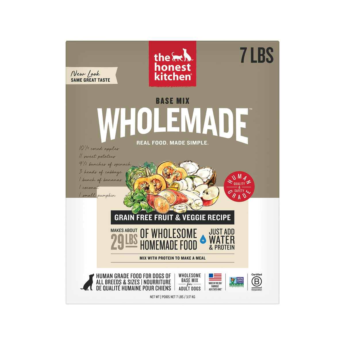 The Honest Kitchen Wholemade base mix packaging highlights human-grade ingredients for grain-free dog meals.