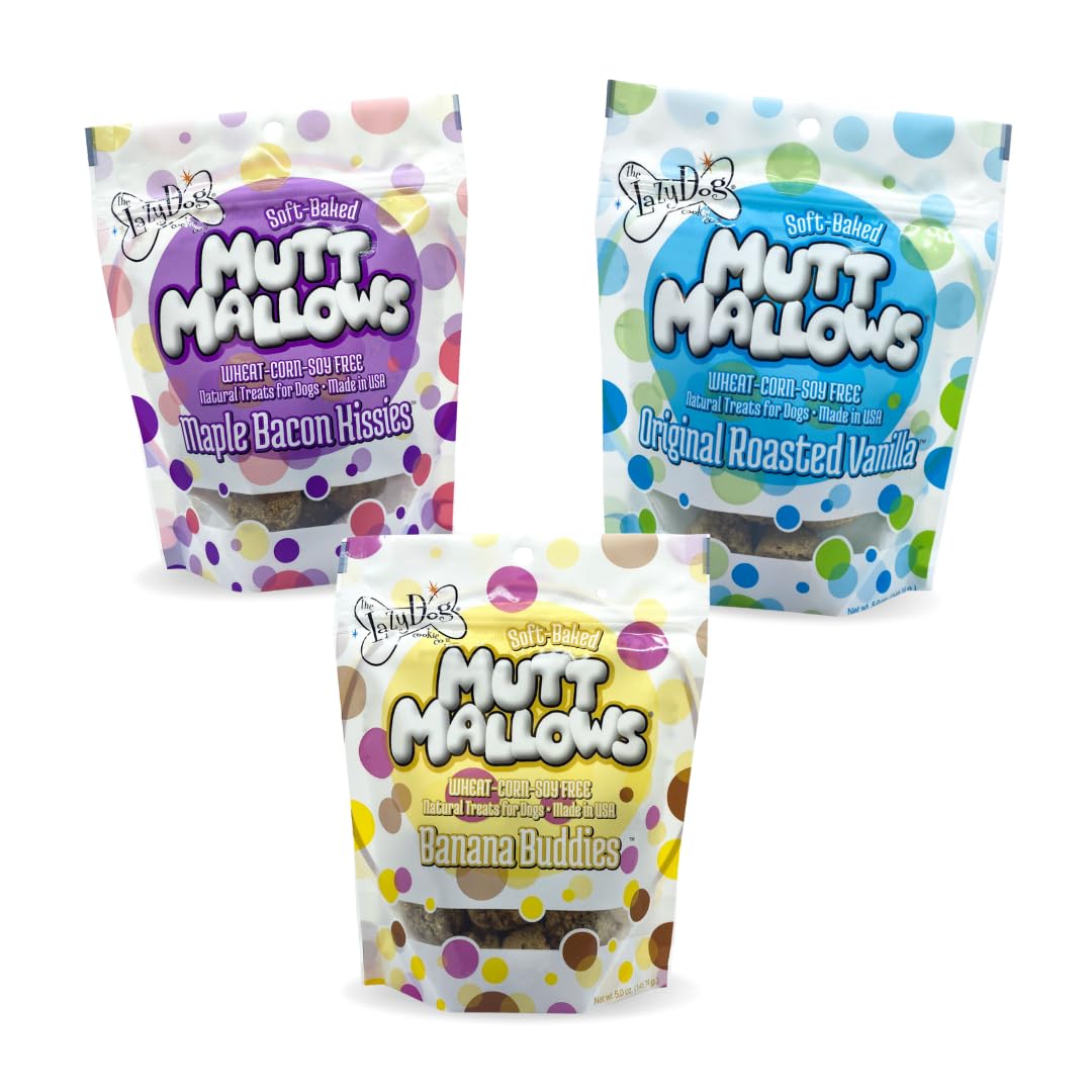 The Lazy Dog Cookie Co. Mutt Mallows soft-baked dog treats 3-pack for training rewards and special occasions.