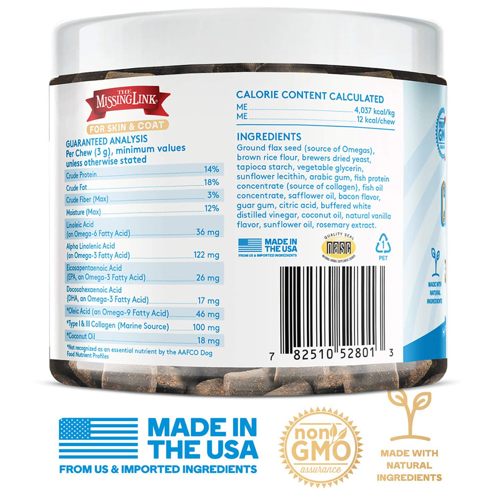 The Missing Link collagen care soft chews are made in the USA.