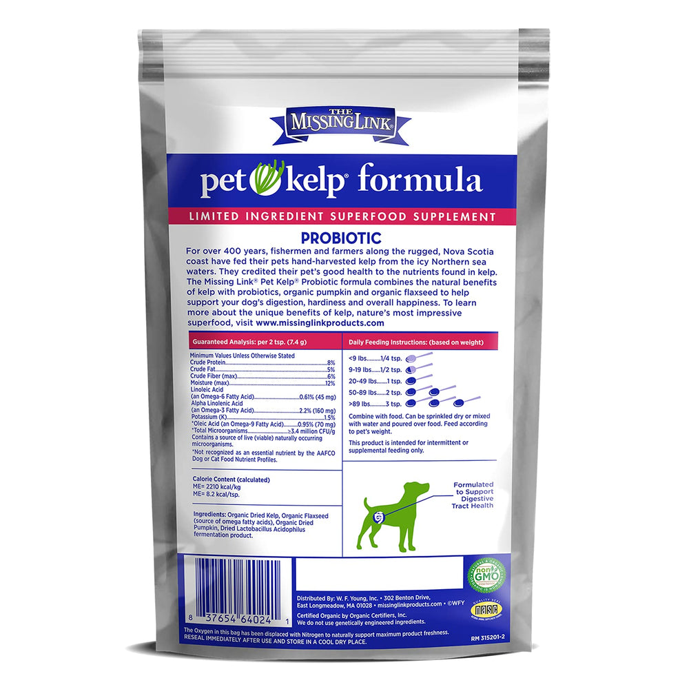 The Missing Link Pet Kelp Canine Probiotic beside a dog bowl for mealtime