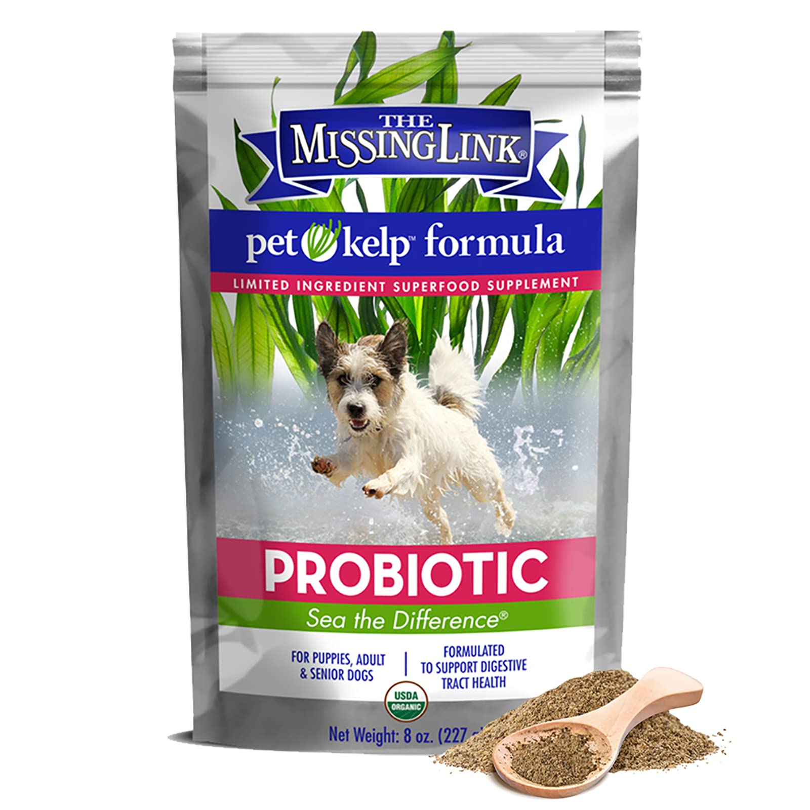 The Missing Link Pet Kelp Canine Probiotic kelp ingredient imagery shows nutrient dense sea greens for dogs