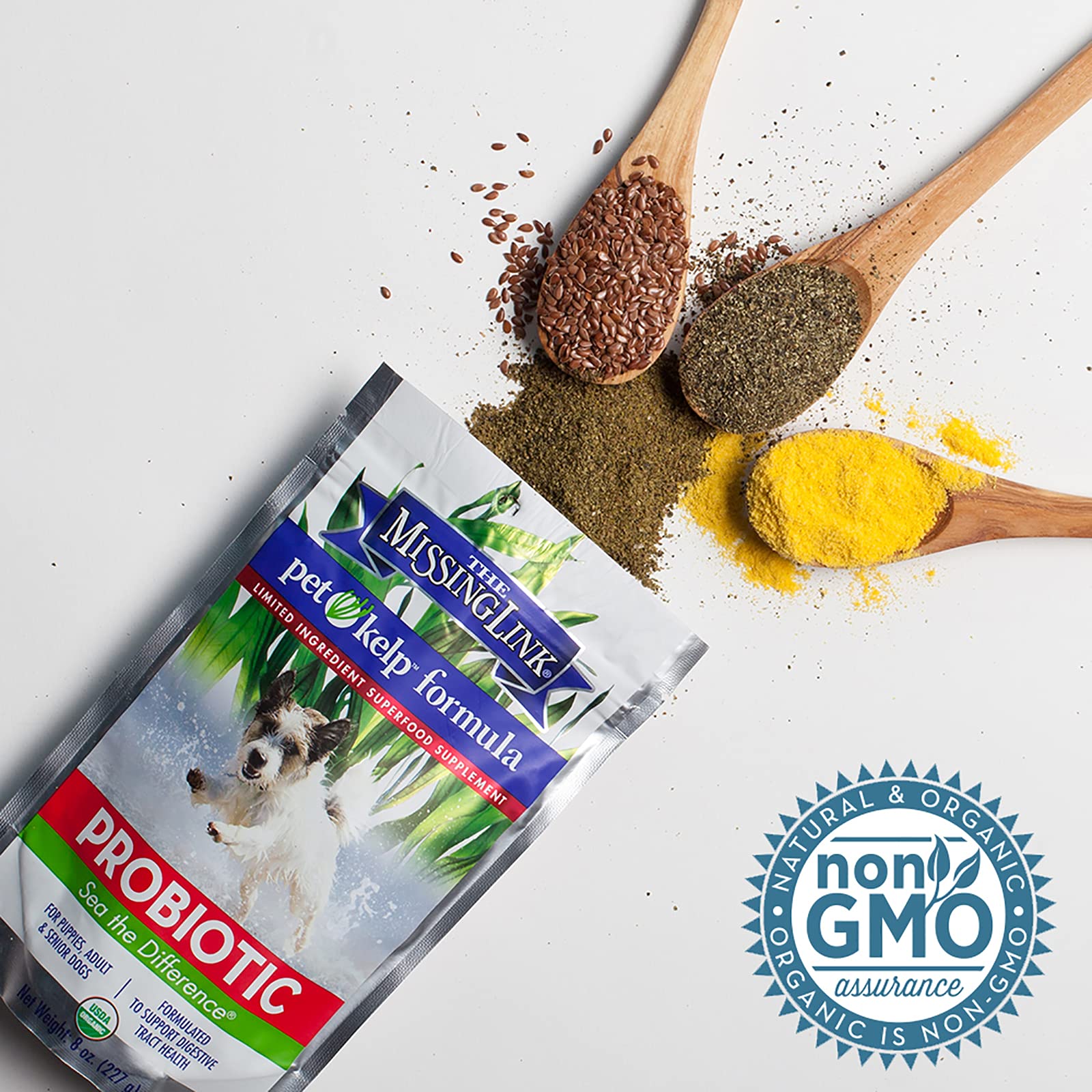 The Missing Link Pet Kelp Canine Probiotic packaging closeup highlights organic kelp and flaxseed