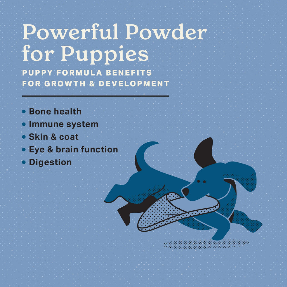The Missing Link Puppy supplement bottle label detailing ingredients and usage.