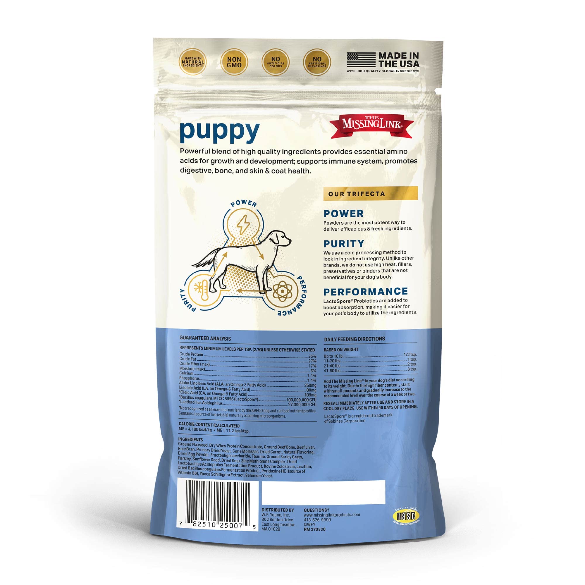 The Missing Link Puppy supplement in kibble bowl ready to fuel meals.
