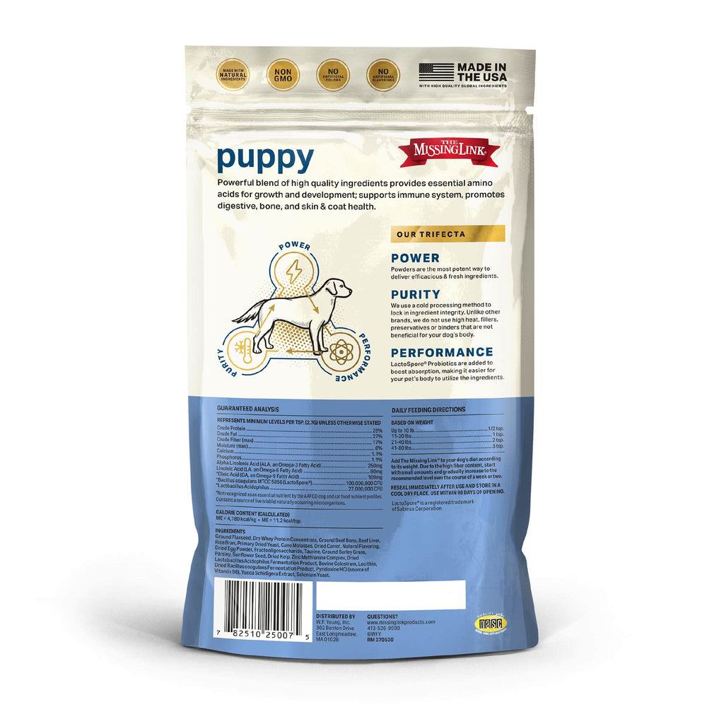 The Missing Link Puppy supplement in kibble bowl ready to fuel meals.