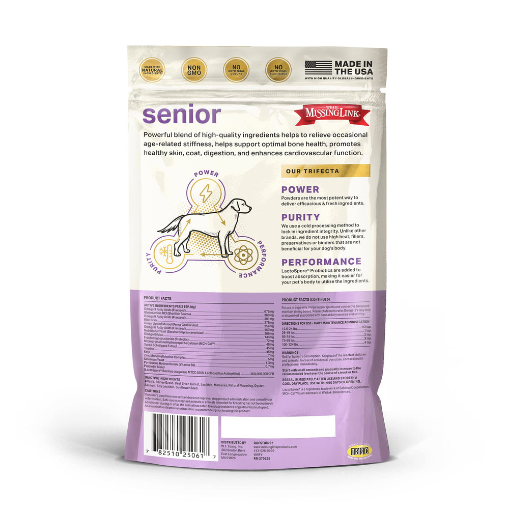 The Missing Link label-closeup highlights purity and cold-process manufacturing for freshness.