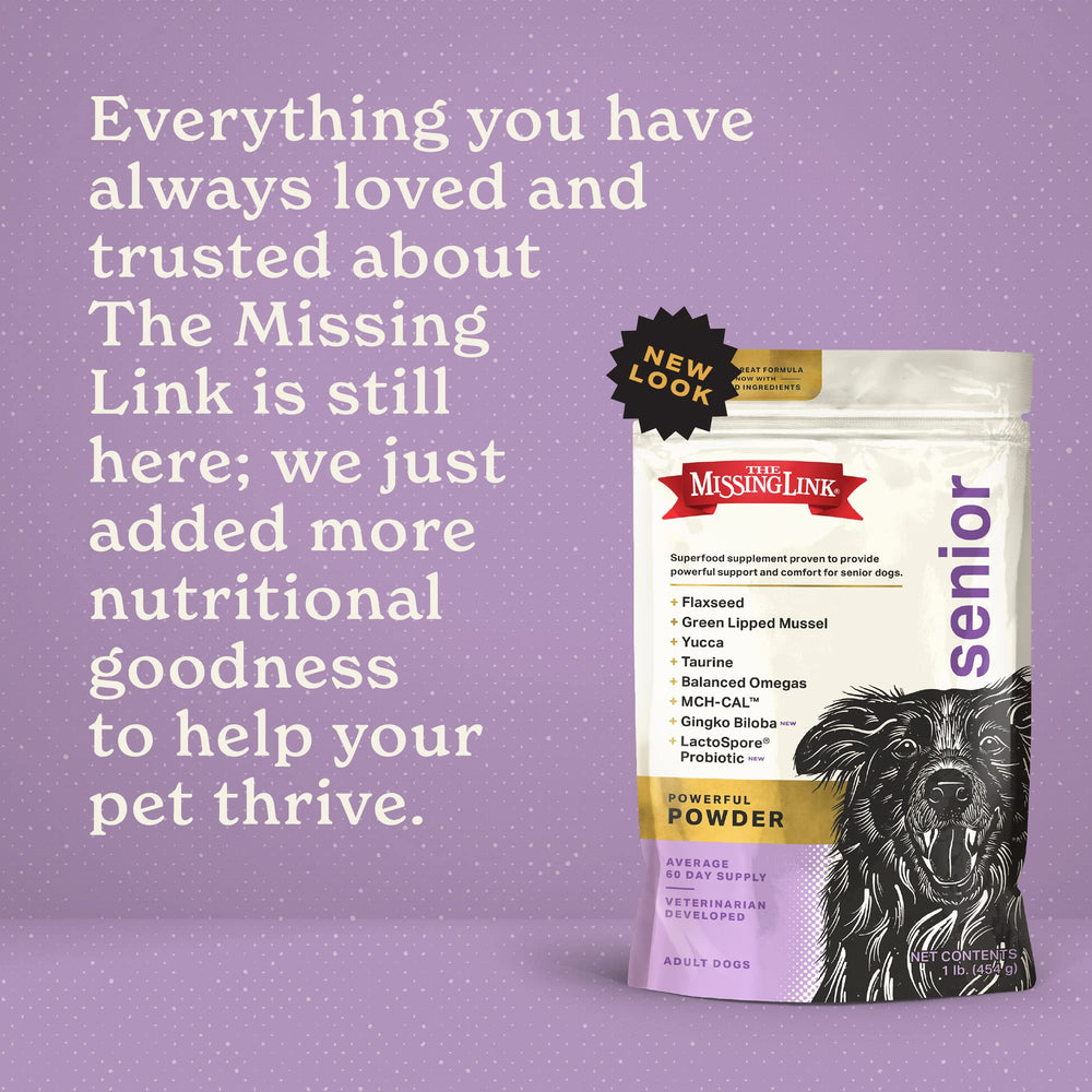 The Missing Link veterinarian-formulated USA badge signals trusted daily use for aging dogs.