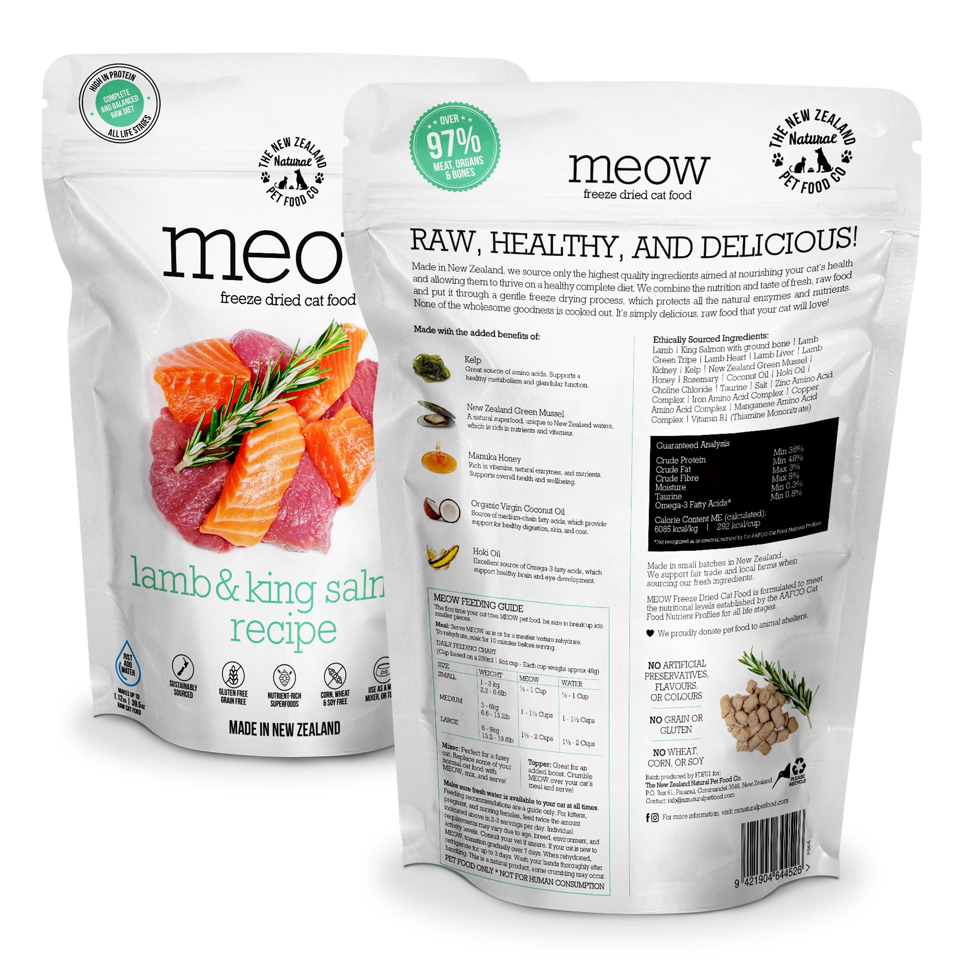The New Zealand Natural Pet Food Co Meow freeze dried cat food bag closeup reveals texture and quality.