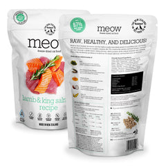 The New Zealand Natural Pet Food Co Meow freeze dried cat food bag closeup reveals texture and quality.