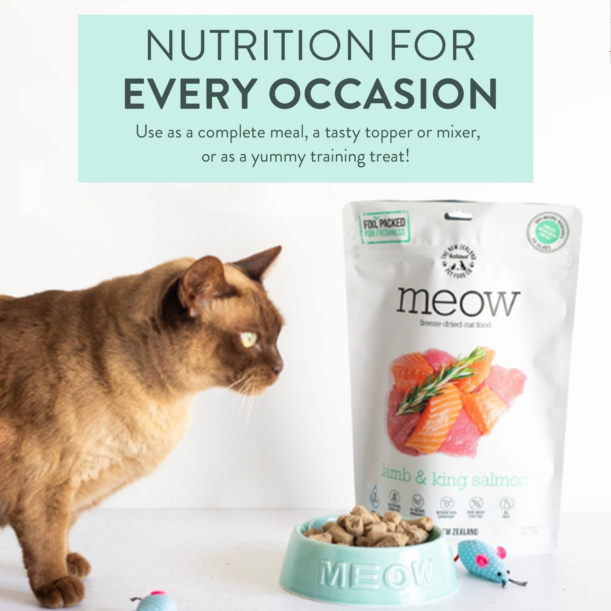 The New Zealand Natural Pet Food Co Meow freeze dried cat food ingredients lamb king salmon closeup.