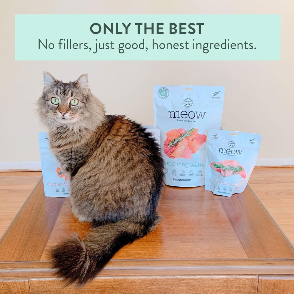 The New Zealand Natural Pet Food Co Meow freeze dried cat food nz-made batch symbol photo.