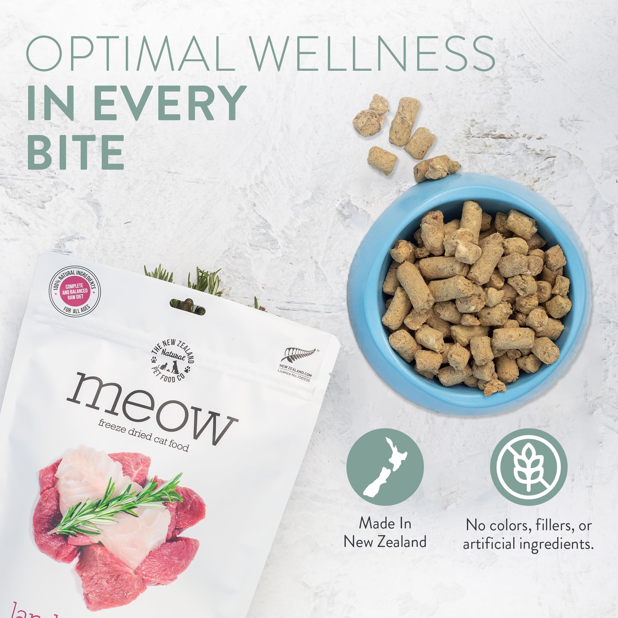 The New Zealand Natural Pet Food Co Meow freeze dried cat food texture closeup highlights crisp morsels.