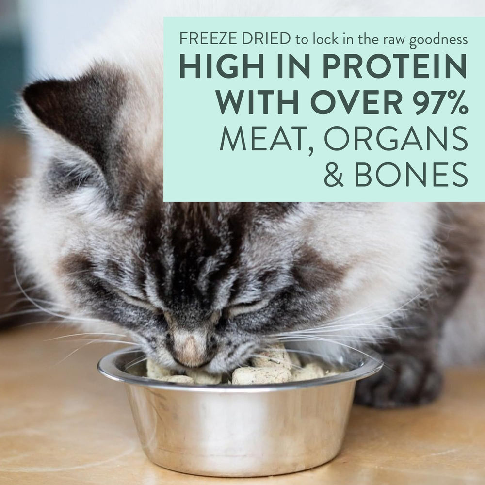 The New Zealand Natural Pet Food Co Meow freeze-dried-topper-dish portrays easy training rewards
