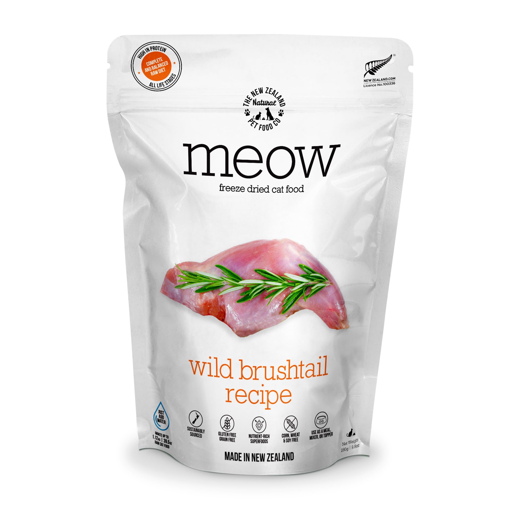 The New Zealand Natural Pet Food Co Meow freeze-dried wild brushtail-bowl offers a protein-rich meal option
