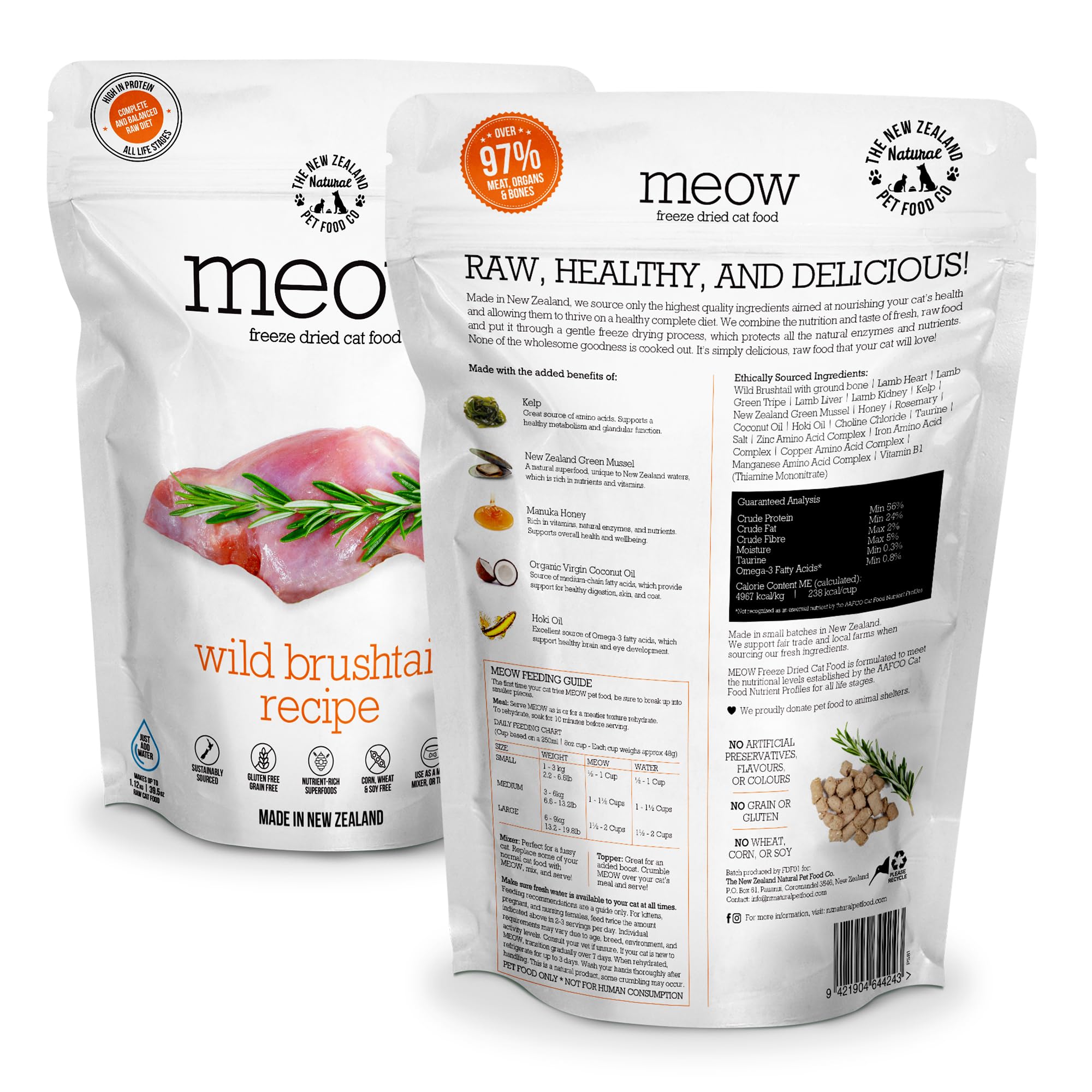 The New Zealand Natural Pet Food Co Meow freeze-dried wild brushtail-pack highlights ethical, small-batch feline nutrition
