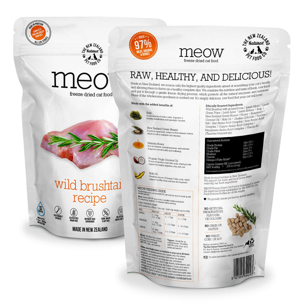 The New Zealand Natural Pet Food Co Meow freeze-dried wild brushtail-pack highlights ethical, small-batch feline nutrition