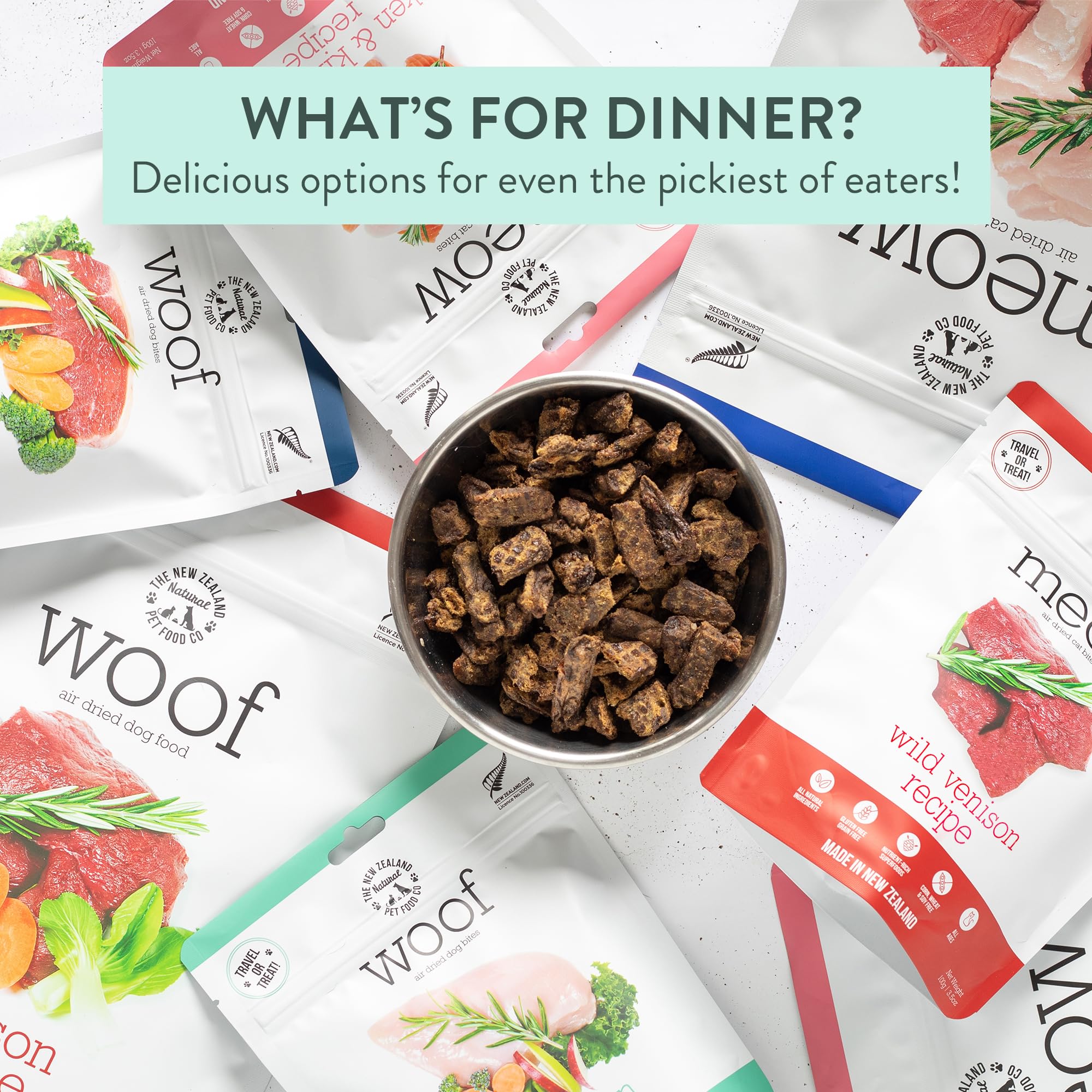 The New Zealand Natural Pet Food Co Meow Venison bite-take training treat demonstrates convenient rewards.
