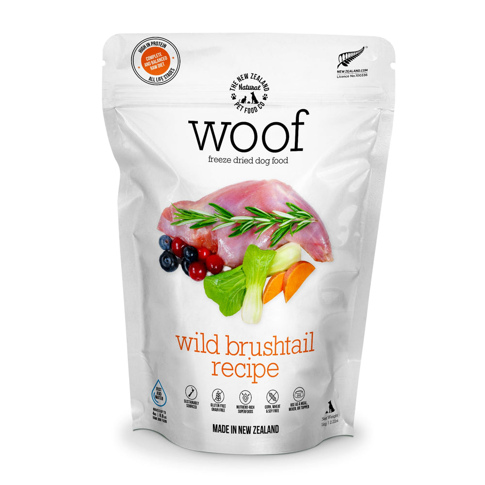 The New Zealand Natural Pet Food Co WOOF freeze-dried bag highlighting Wild Brushtail recipe for complete meals
