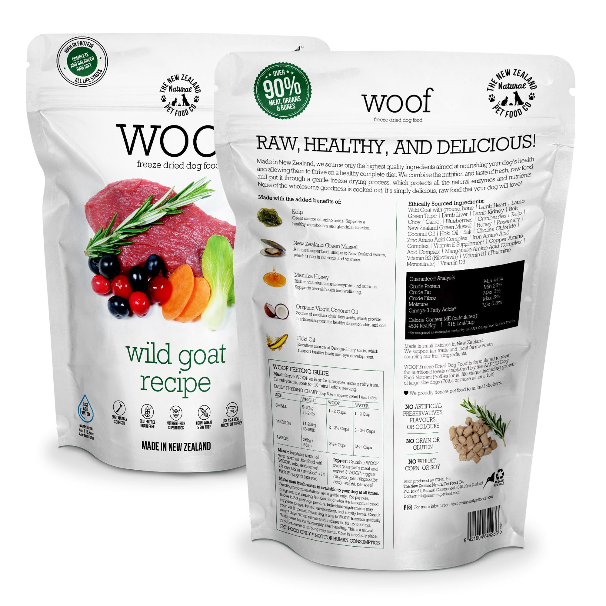 WOOF freeze-dried kibble closeup, high-protein texture for training.