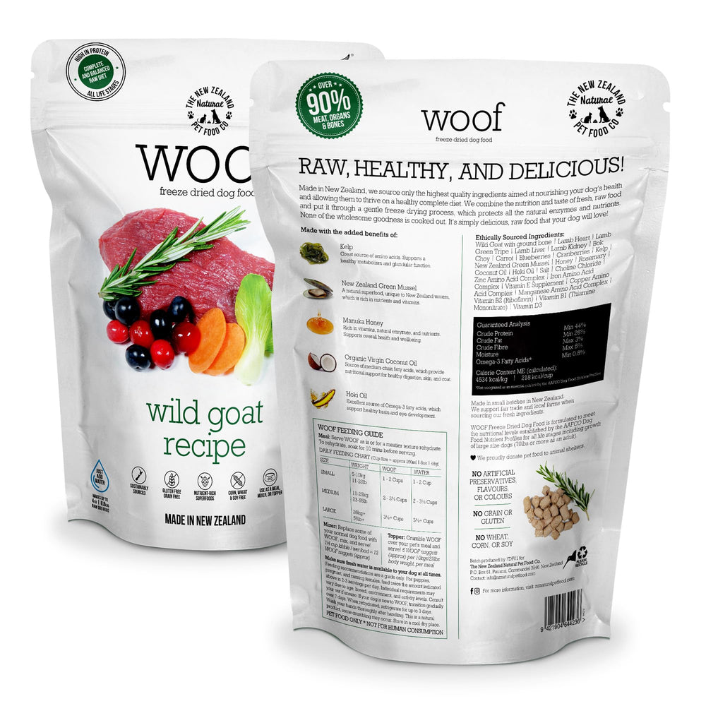 WOOF freeze-dried kibble closeup, high-protein texture for training.