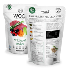 WOOF freeze-dried kibble closeup, high-protein texture for training.