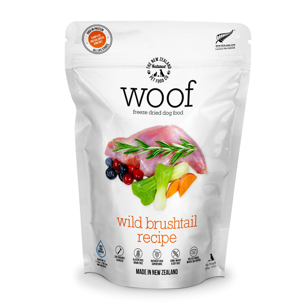 The New Zealand Natural Pet Food Co Woof Wild Brushtail freeze-dried dog food in bowl for nutrient-rich meals