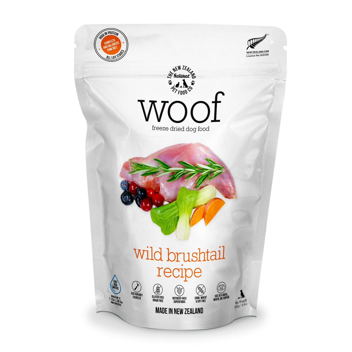 The New Zealand Natural Pet Food Co Woof Wild Brushtail freeze-dried dog food in bowl for nutrient-rich meals