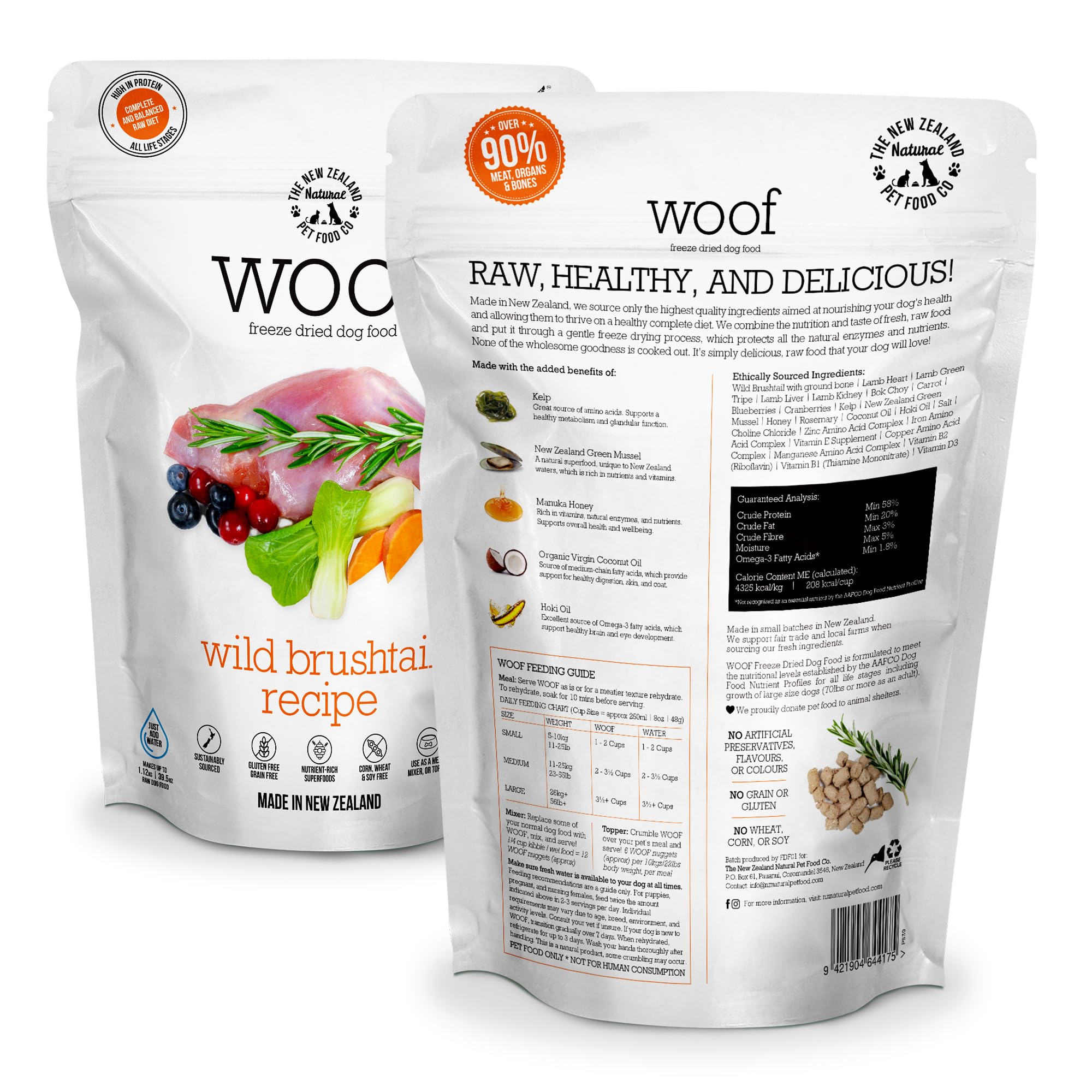 Close-up of Woof Wild Brushtail freeze-dried pieces showing texture and protein
