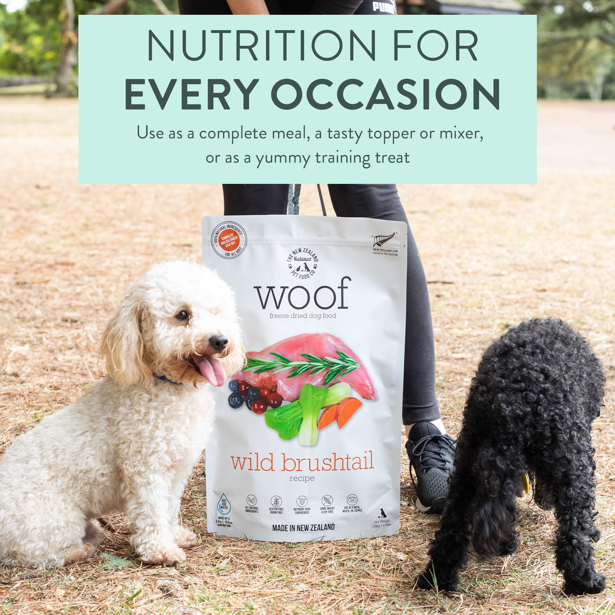 The New Zealand Natural Pet Food Co Woof Wild Brushtail packaging highlights small-batch NZ sourcing