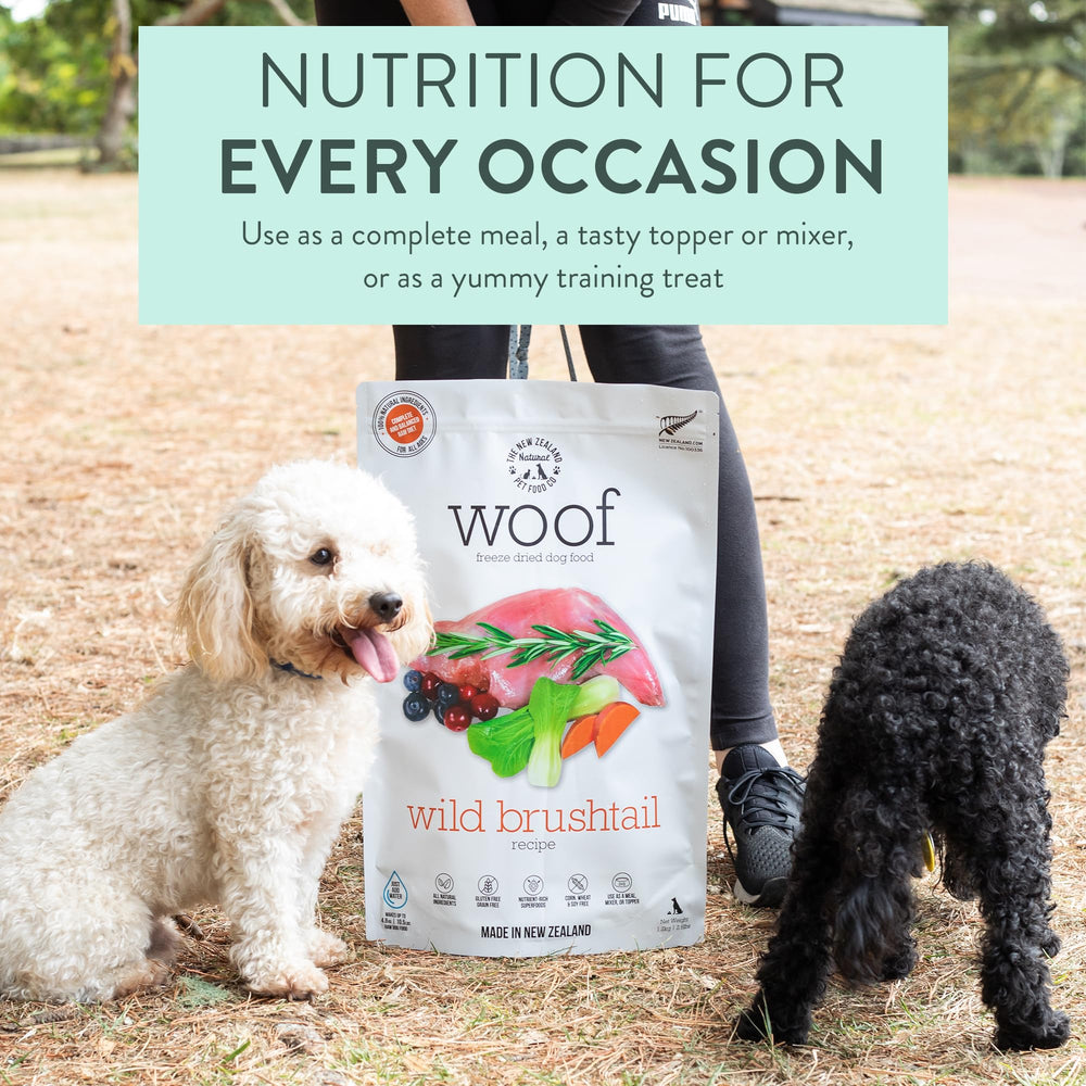 The New Zealand Natural Pet Food Co Woof Wild Brushtail packaging highlights small-batch NZ sourcing