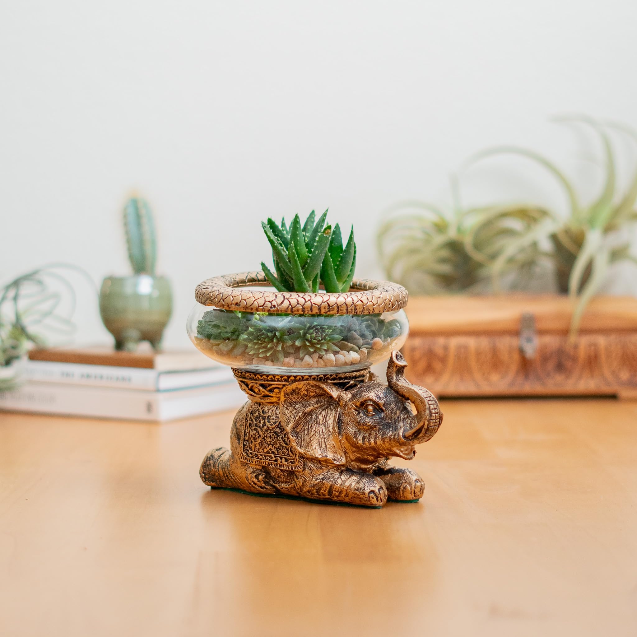 The Nifty Nook polyresin elephant table decor suitable for mantels and shelves.
