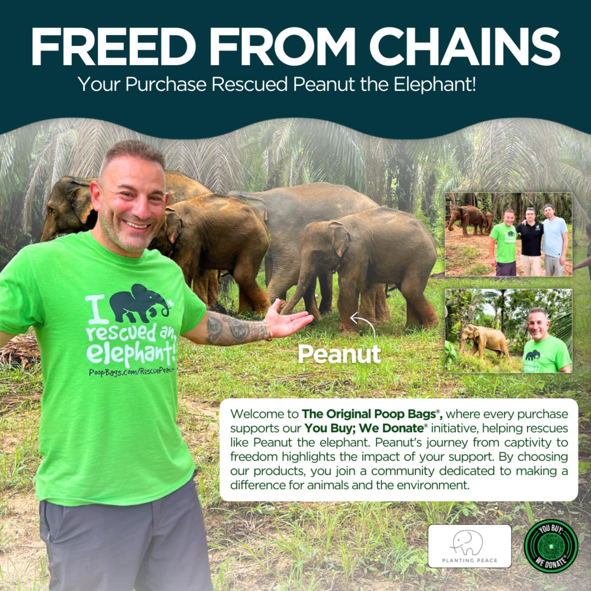 The Original Poop Bags donation note highlights elephant rescue support with every purchase.