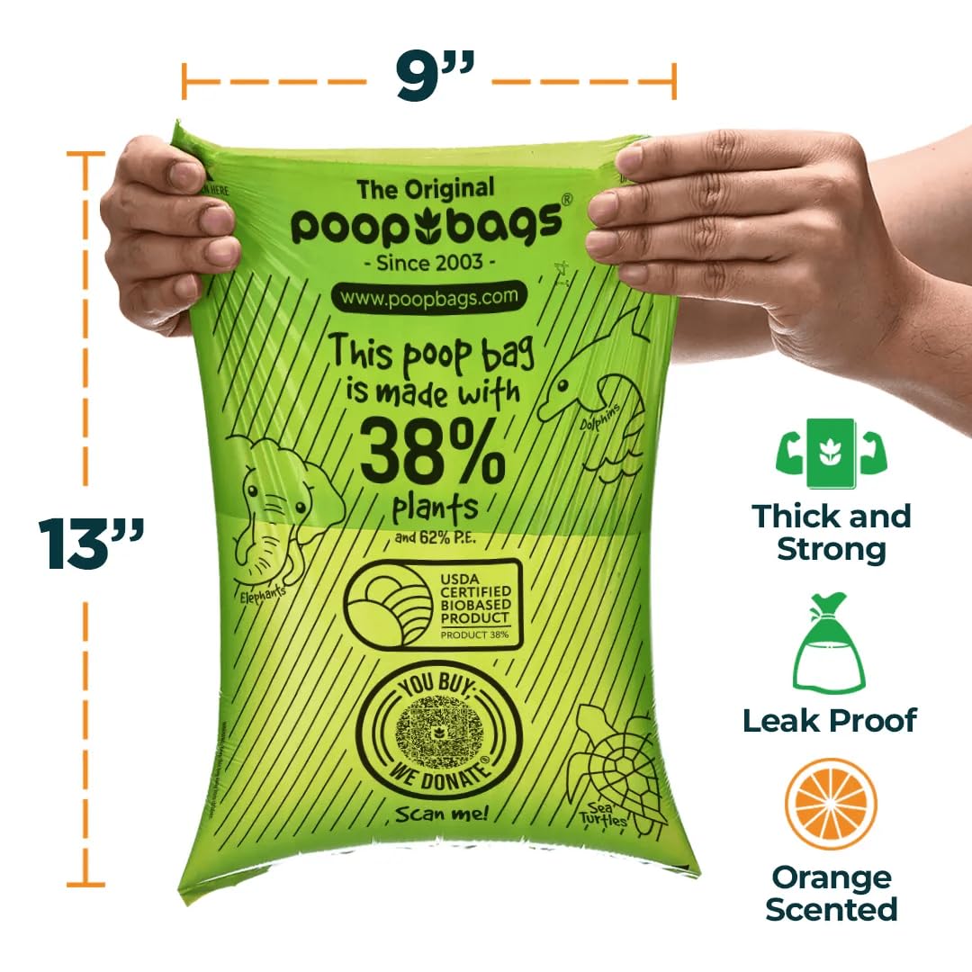 The Original Poop Bags orange scent label highlights fresh odor-masking feature.