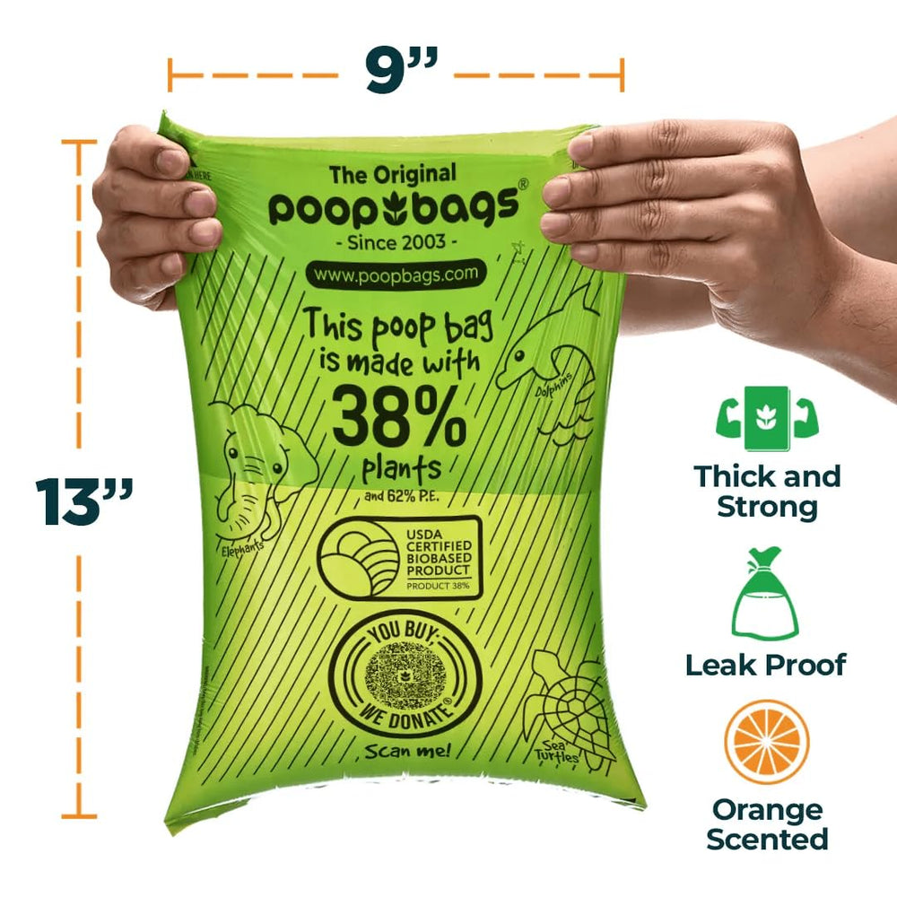 The Original Poop Bags orange scent label highlights fresh odor-masking feature.