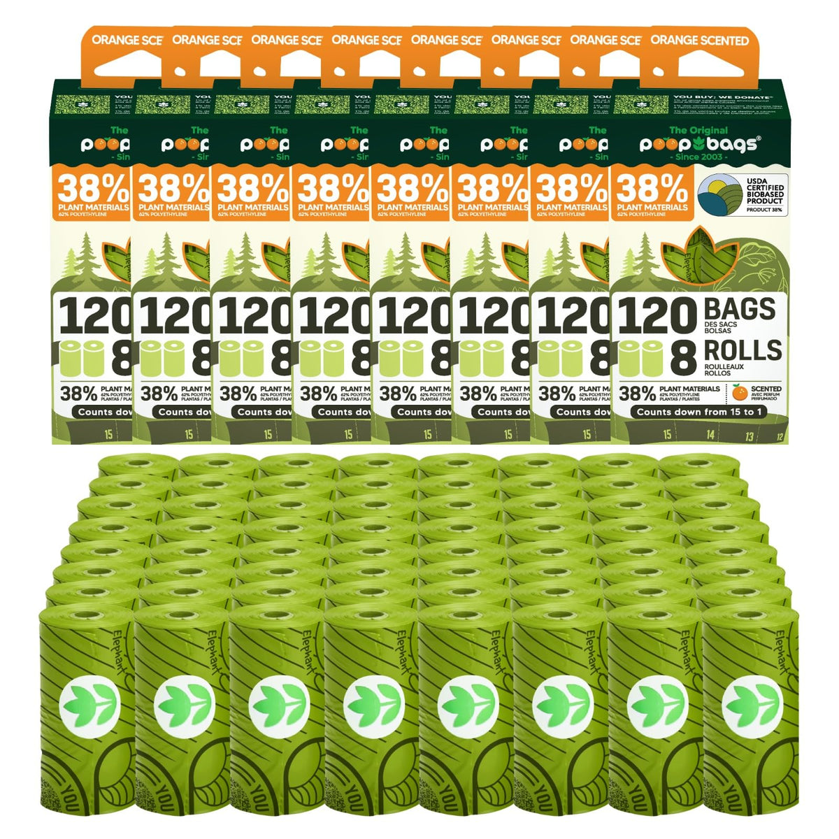 The Original Poop Bags orange-scented roll exterior demonstrates odor-control convenience during walks.