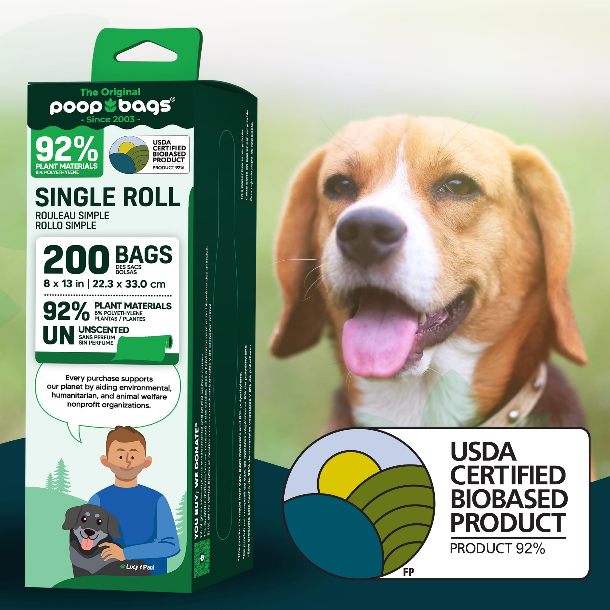 The Original Poop Bags plant-based material foreground signals an eco-friendly waste solution.