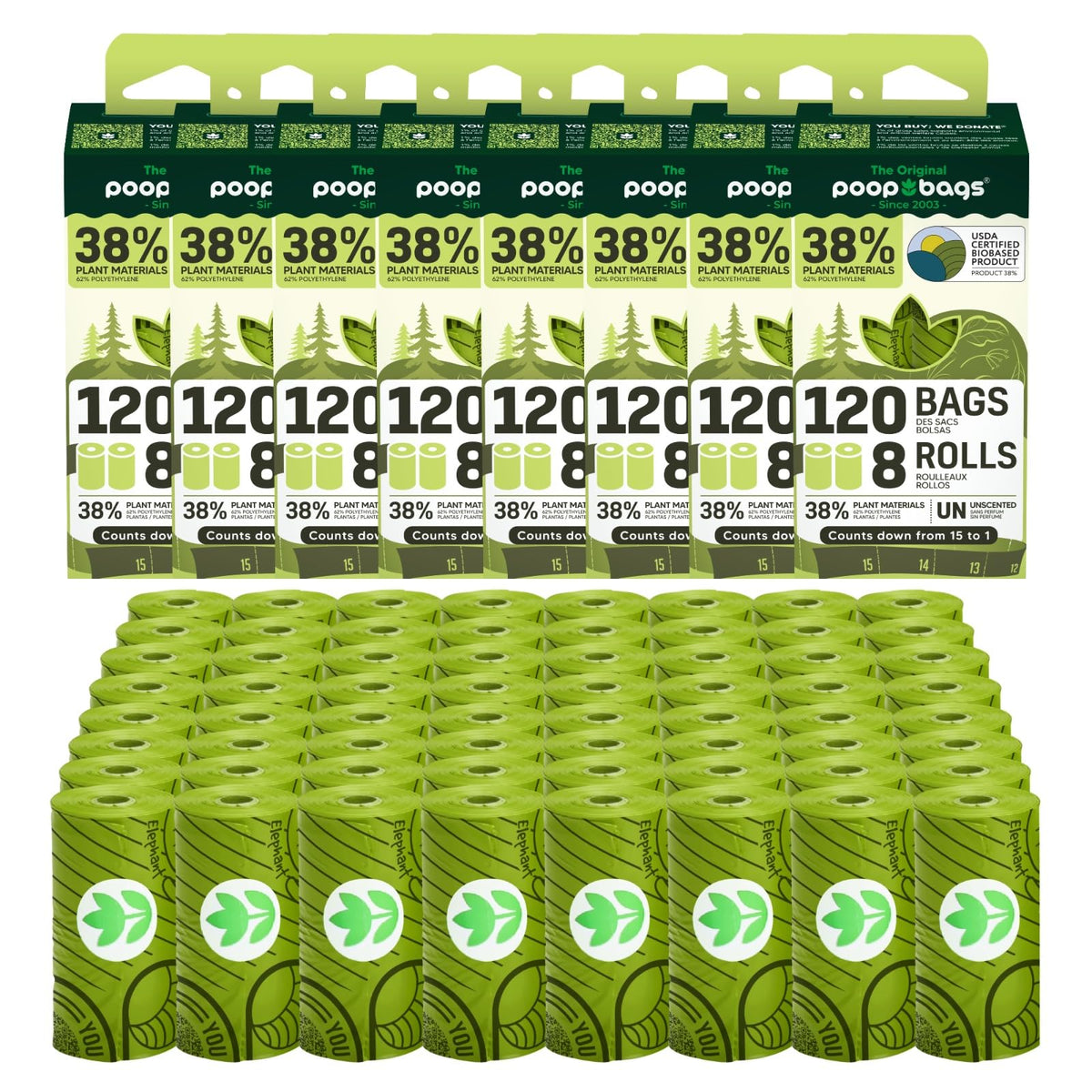 The Original Poop Bags rolls, 960-count, plant-based and durable for everyday dog cleanup.