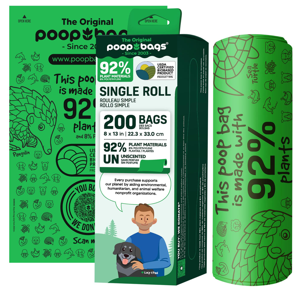 The Original Poop Bags roll closeup shows plant-based material for sustainable waste handling.