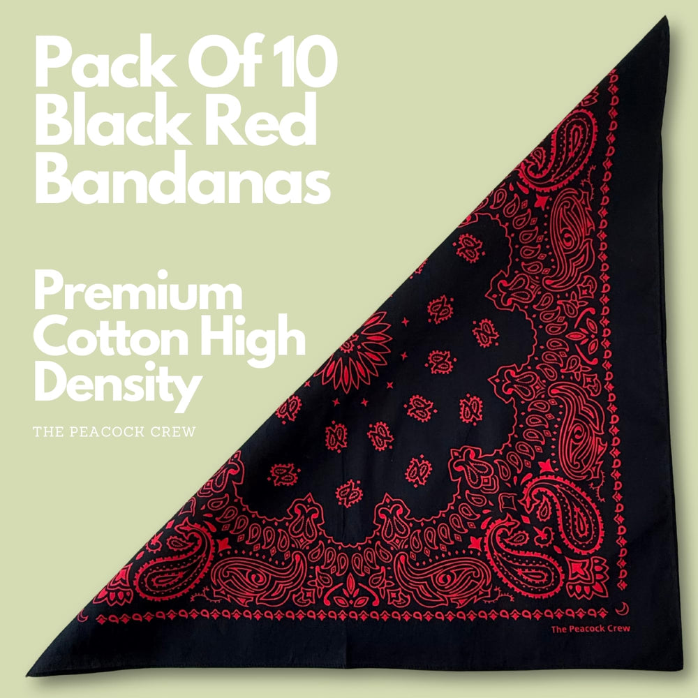 The Peacock Crew 10-pack bandanas close-up pattern shows durable cotton.