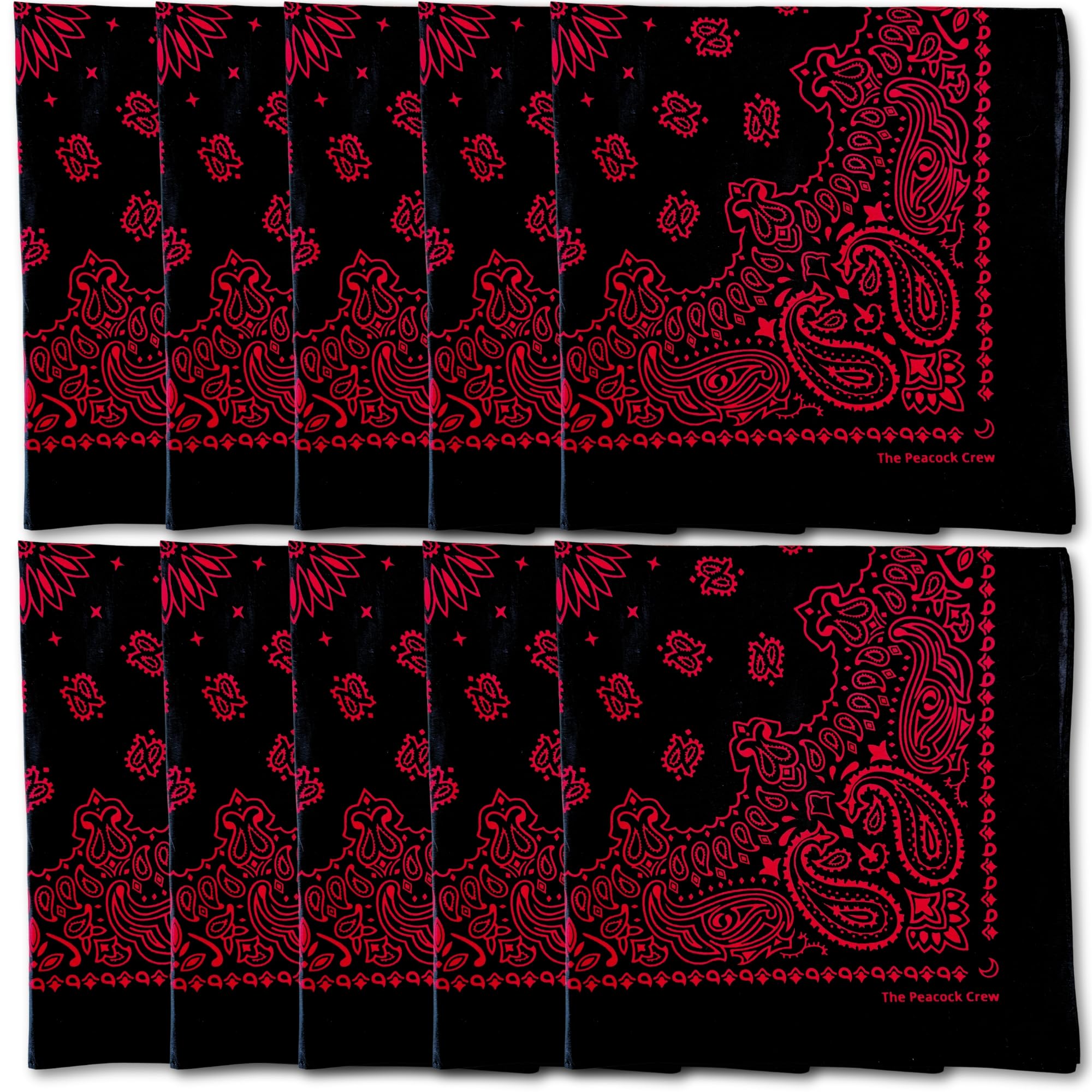 The Peacock Crew 10-pack bandanas front view for versatile wear.