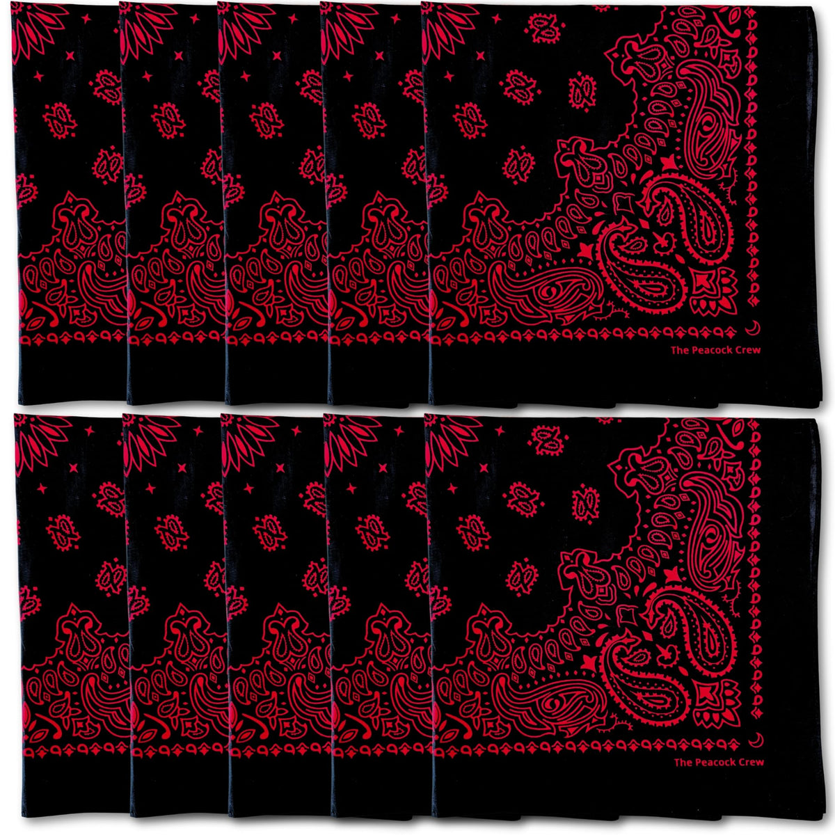 The Peacock Crew 10-pack bandanas front view for versatile wear.