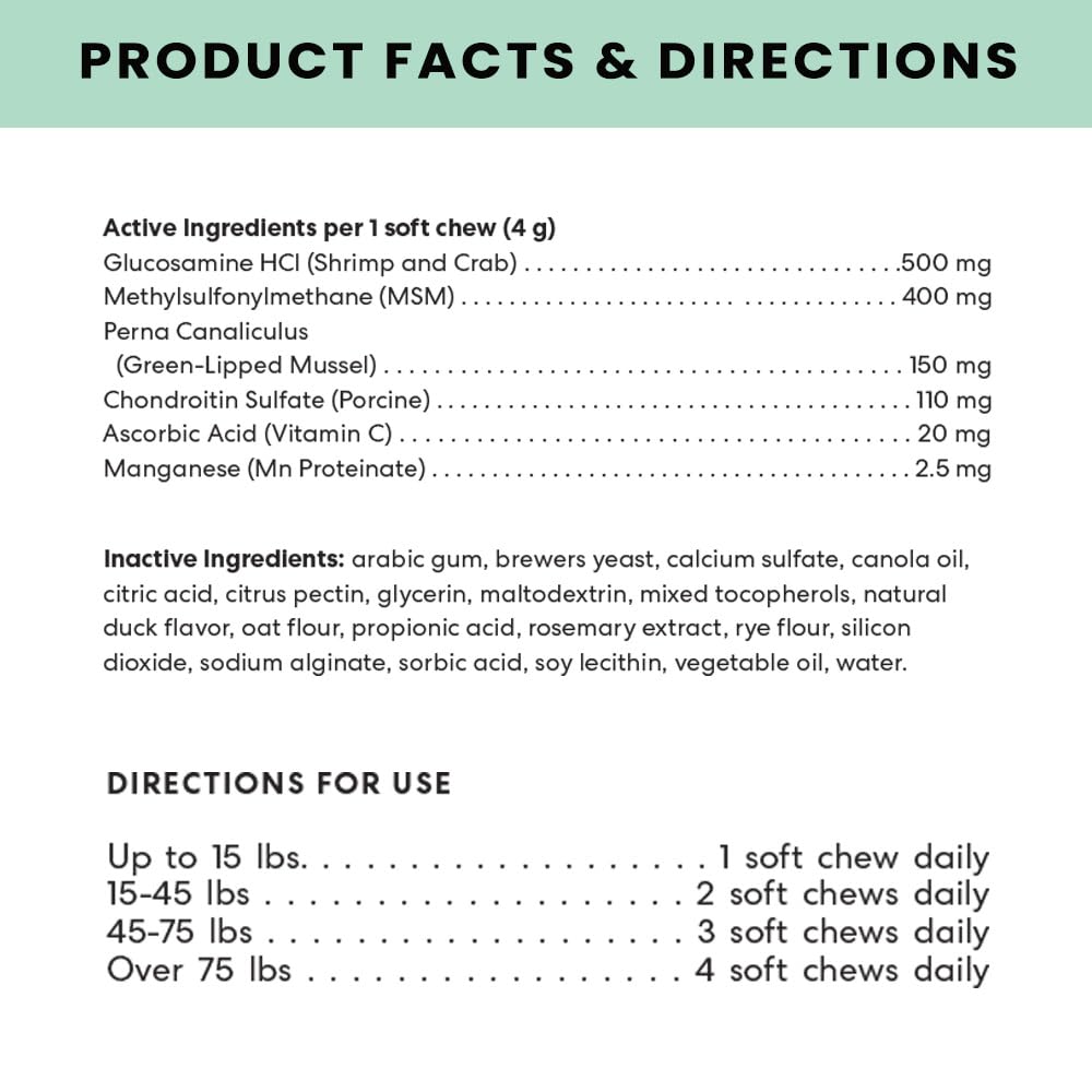 The Pets Table ingredients label highlights glucosamine and chondroitin for cartilage support.