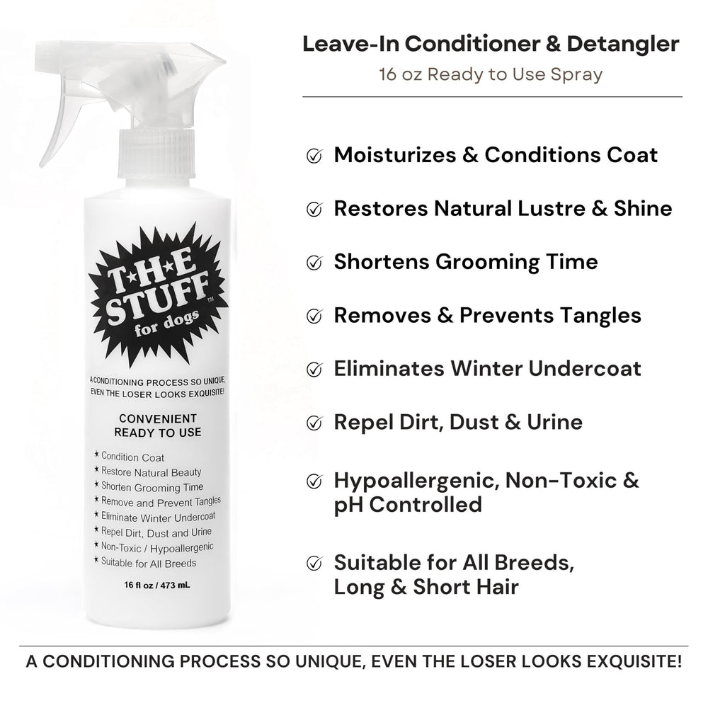 The Stuff leave-in conditioner applied to wet fur for nourishing, soft coats.