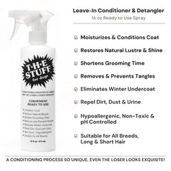 The Stuff leave-in conditioner applied to wet fur for nourishing, soft coats.