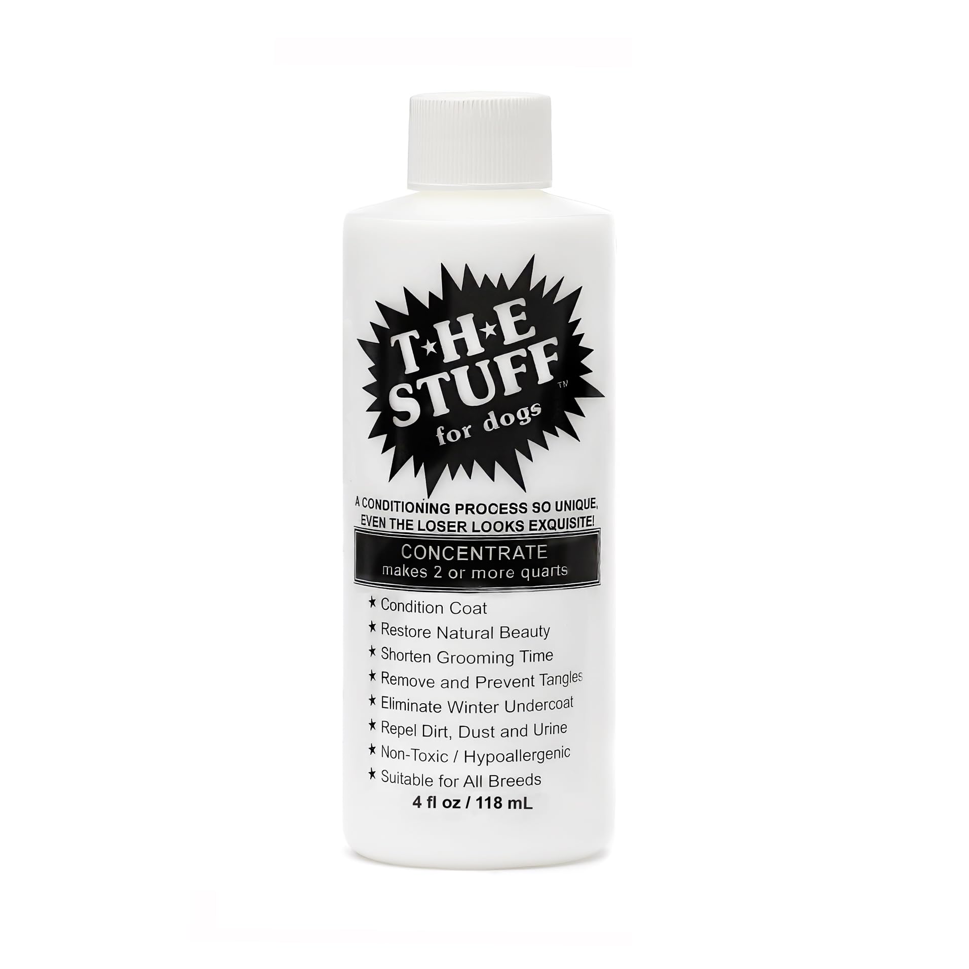 The Stuff leave-in dog conditioner bottle for easier detangling and grooming.