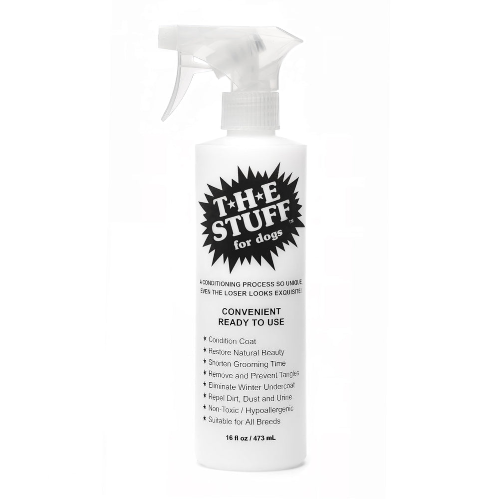 The Stuff leave-in dog conditioner bottle 16oz ready for easy grooming and detangling.