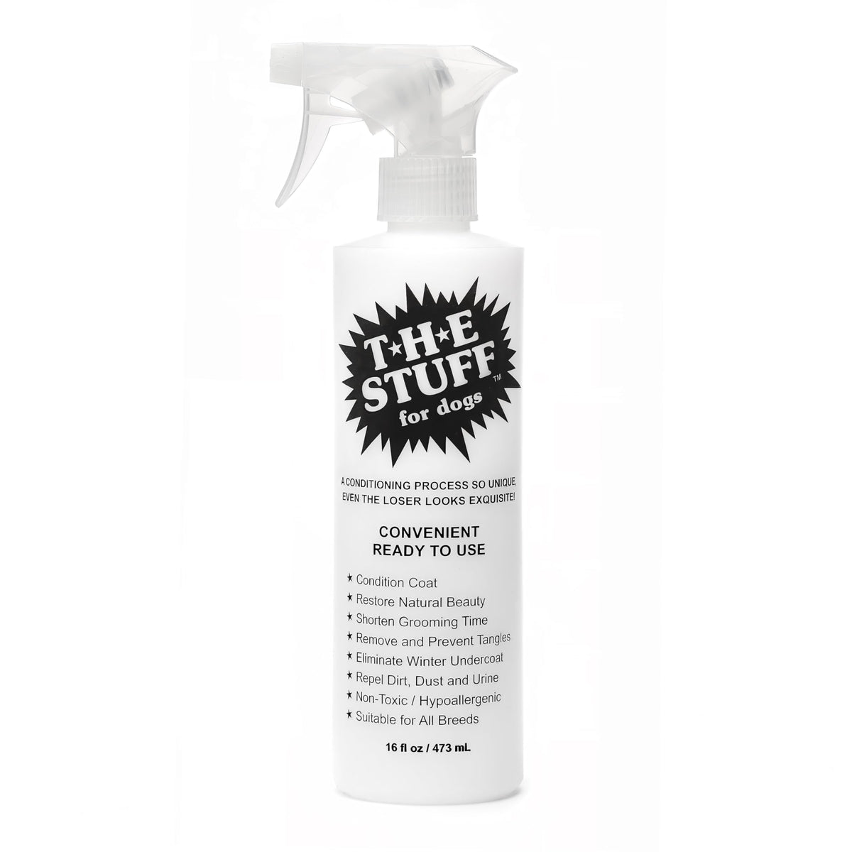 The Stuff leave-in dog conditioner bottle 16oz ready for easy grooming and detangling.