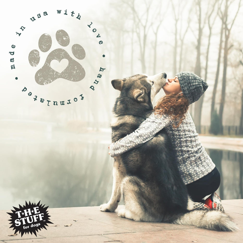 The Stuff leave-in dog conditioner used during a grooming session for smoother coat.