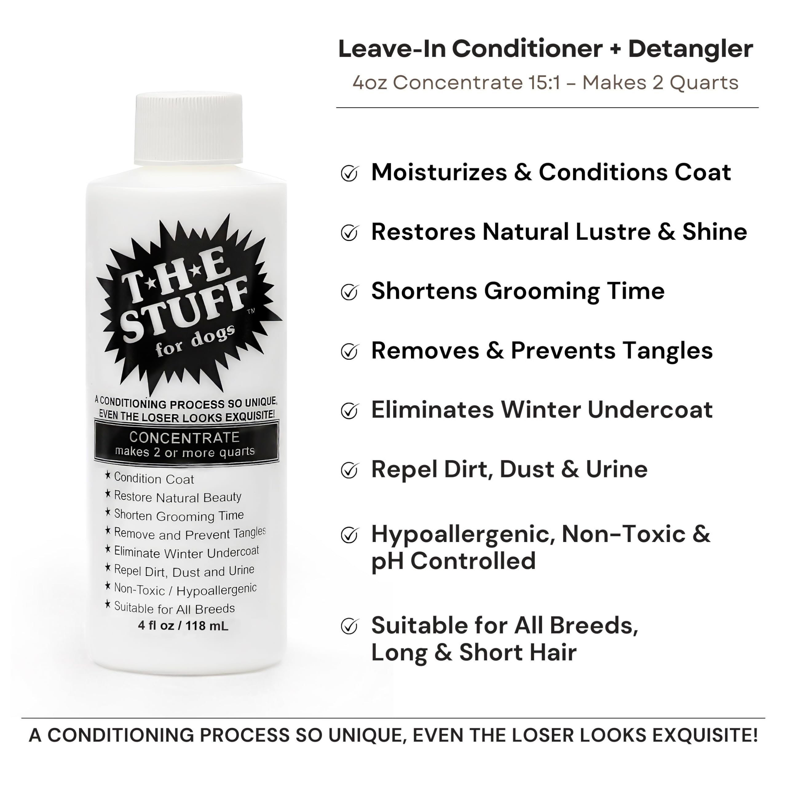The Stuff leave-in dog conditioner label closeup shows gentle detangling formula.
