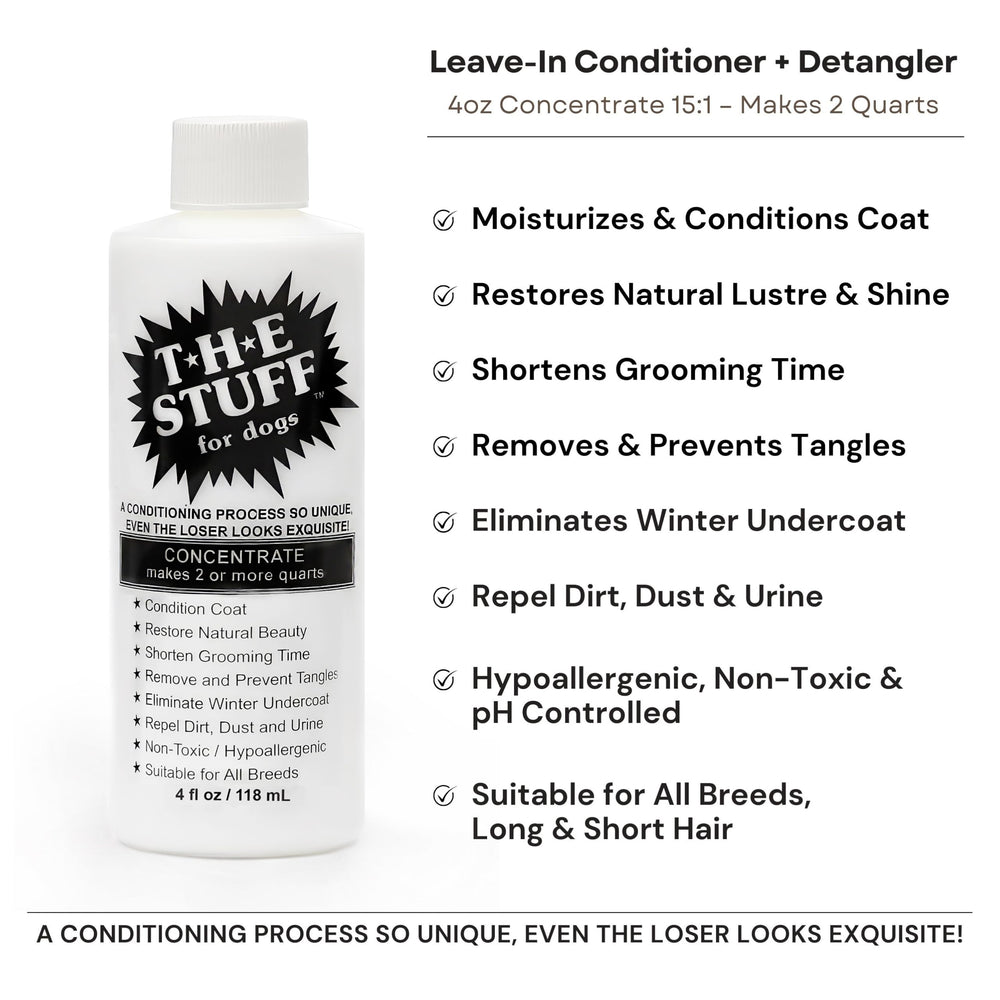 The Stuff leave-in dog conditioner label closeup shows gentle detangling formula.